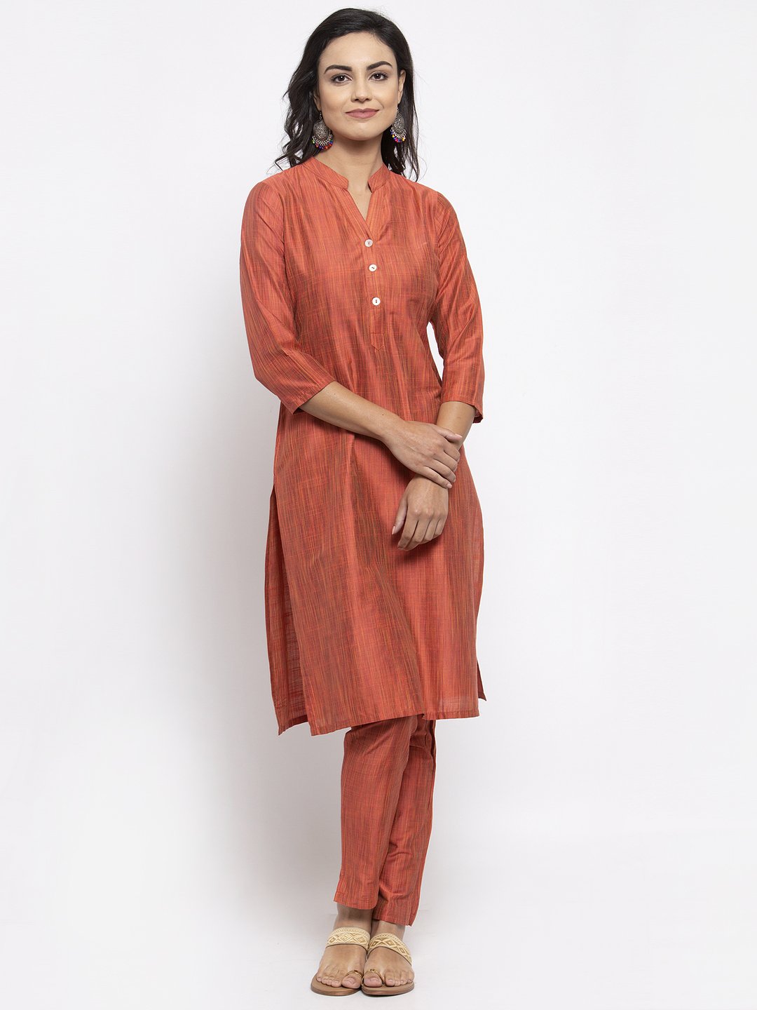 Jompers Women Orange Self-Striped Kurta with Trousers