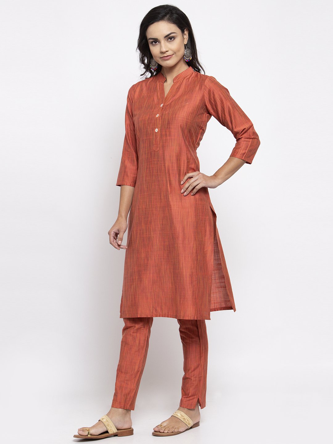Jompers Women Orange Self-Striped Kurta with Trousers