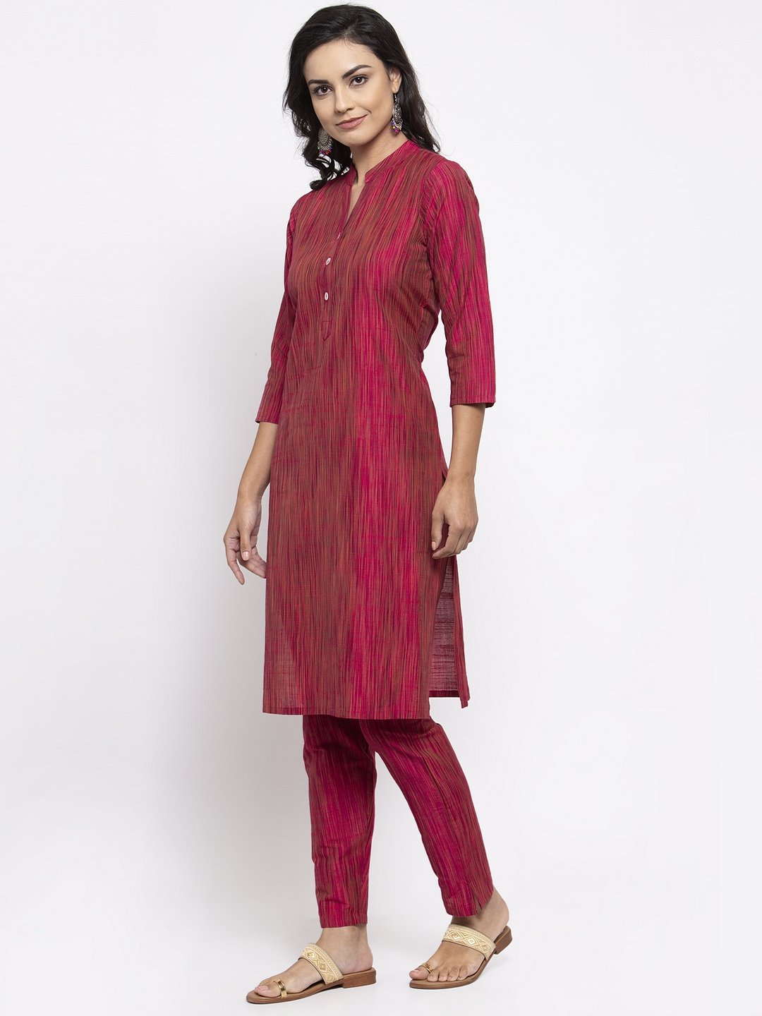 Jompers Women Pink Self-Striped Kurta with Trousers
