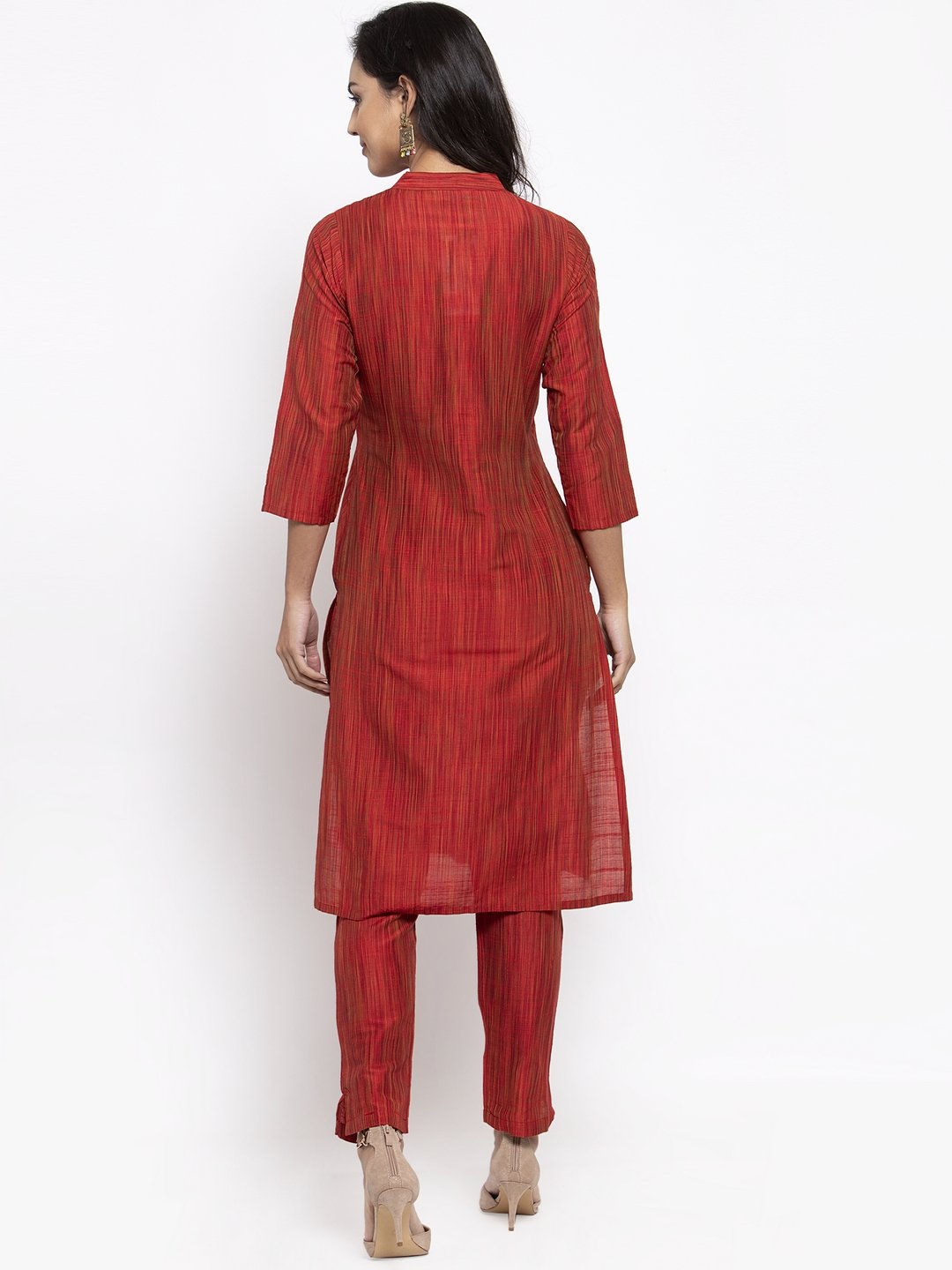 Jompers Women Red Self-Striped Kurta with Trousers