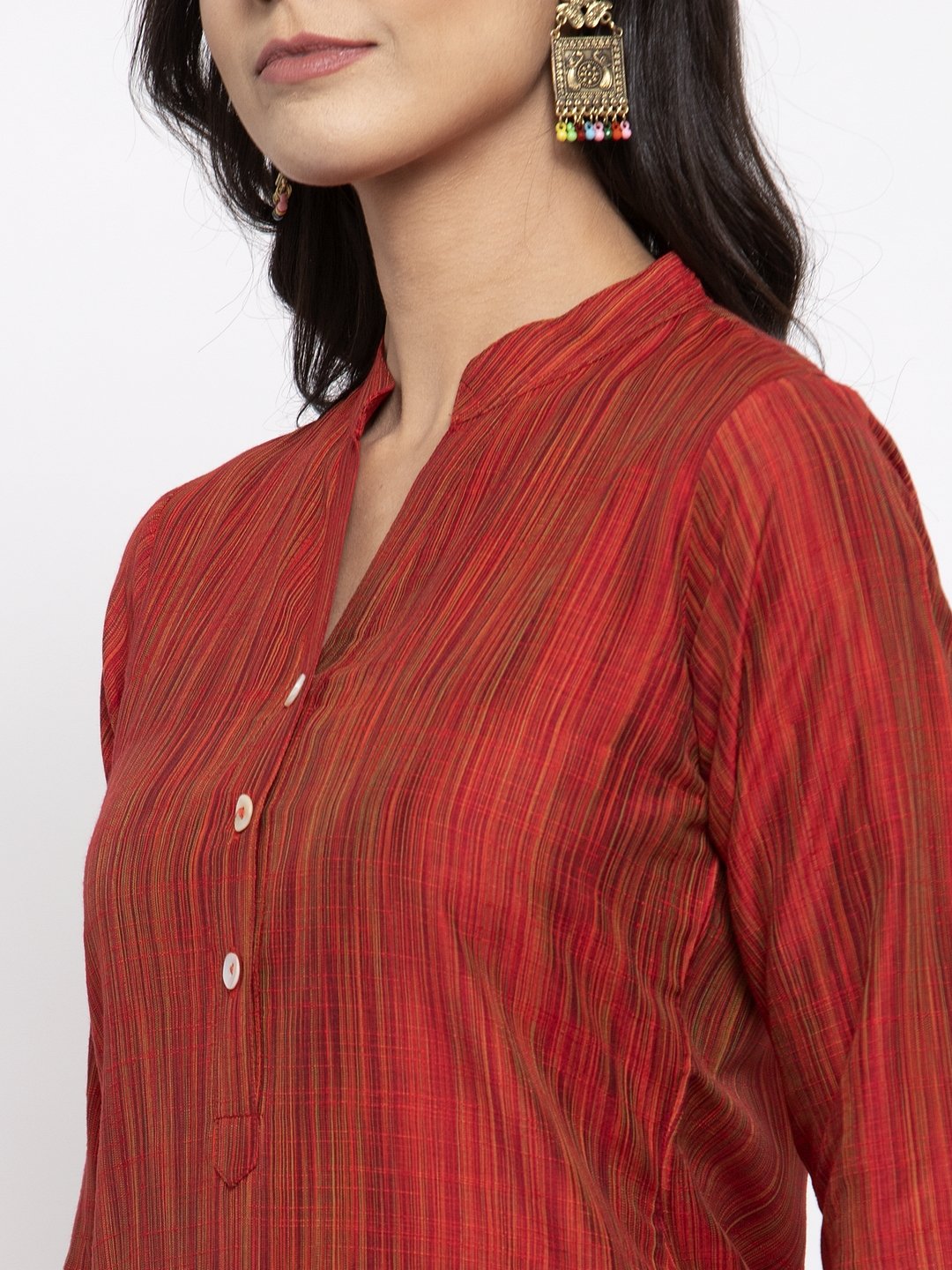 Jompers Women Red Self-Striped Kurta with Trousers