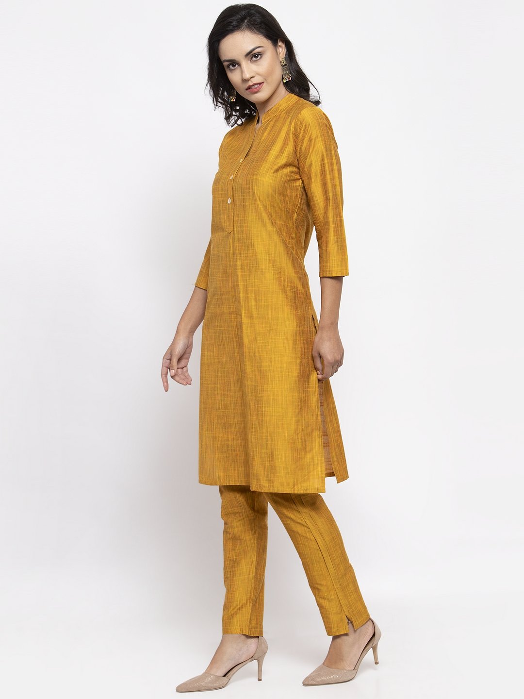 Jompers Women Yellow Self-Striped Kurta with Trousers