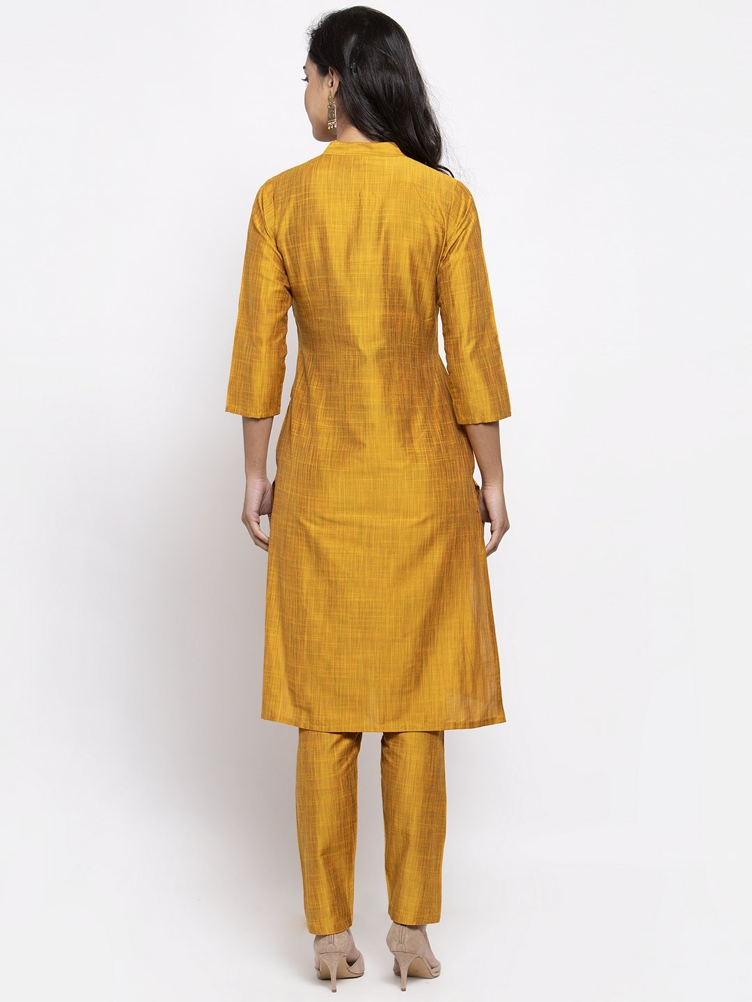 Jompers Women Yellow Self-Striped Kurta with Trousers