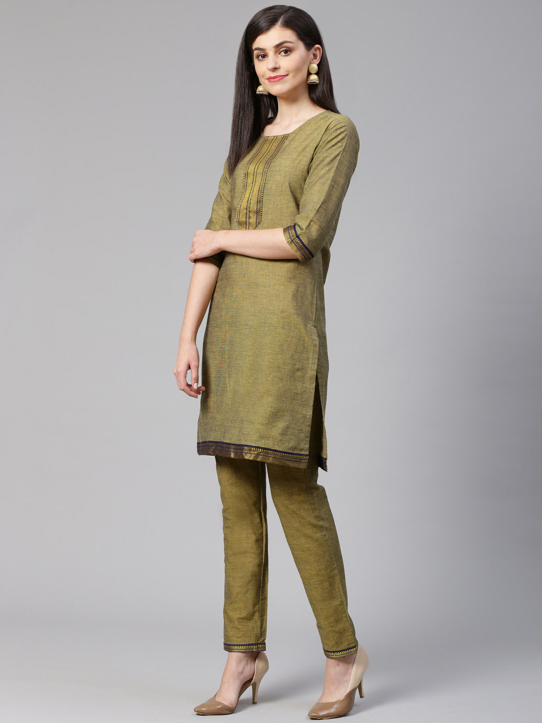 Jompers Women Mustard Yoke Design Kurta with Trousers