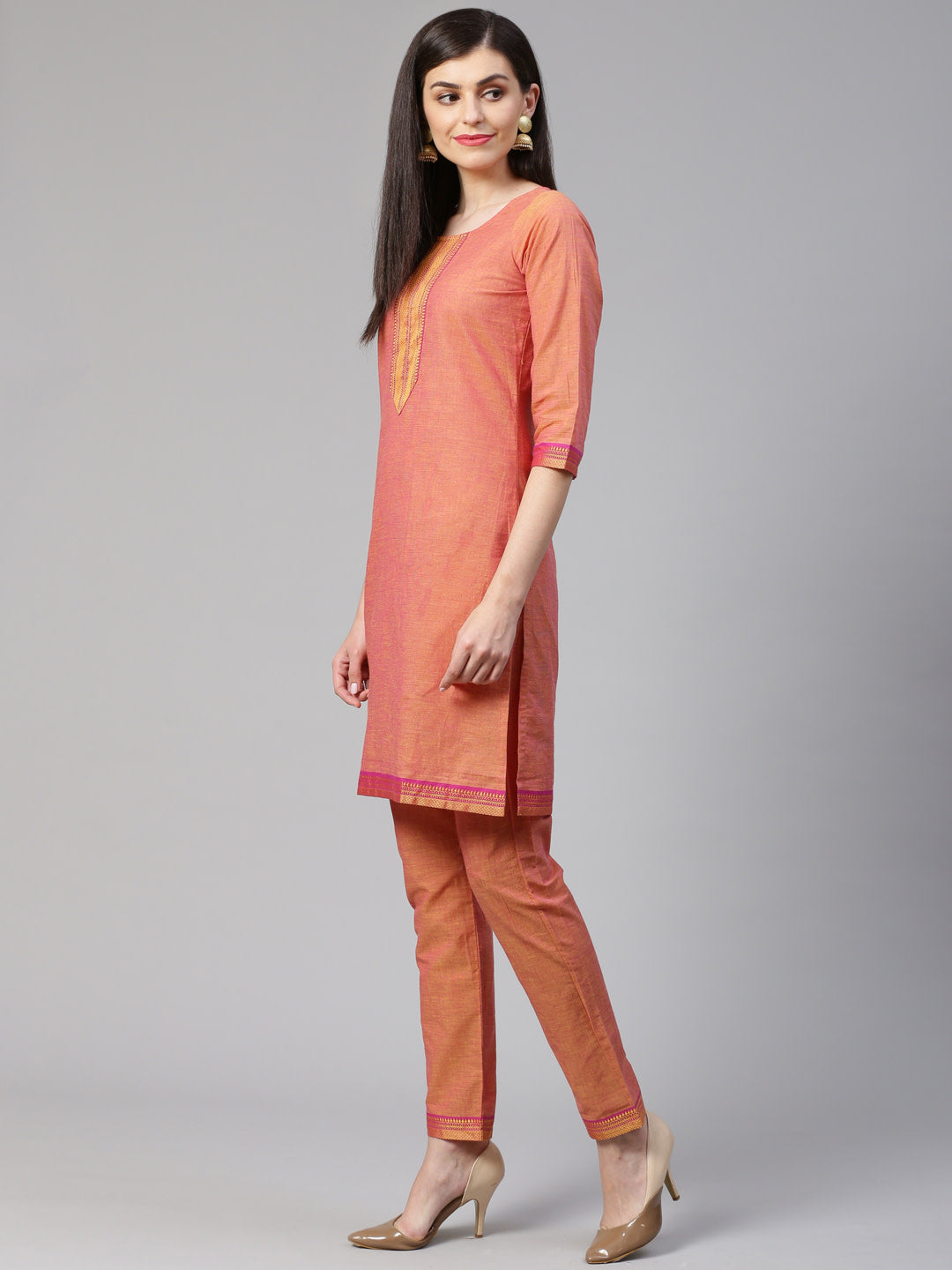 Jompers Women Pink Yoke Design Kurta with Trousers