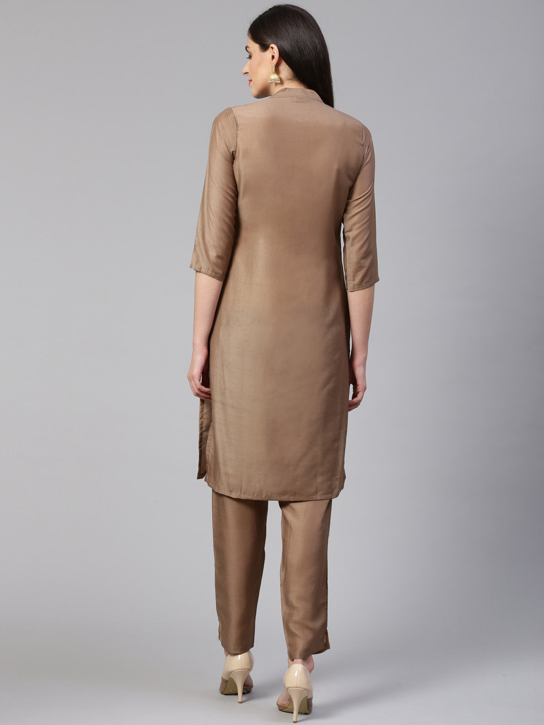 Jompers Women Brown Embroidered Solid Kurta with Trousers