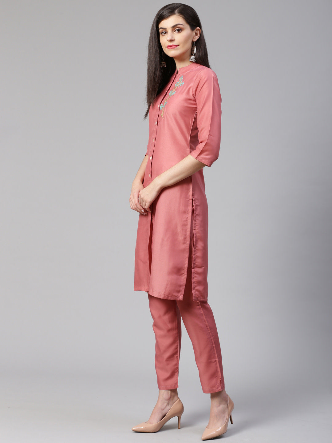 Jompers Women Pink Embroidered Solid Kurta with Trousers