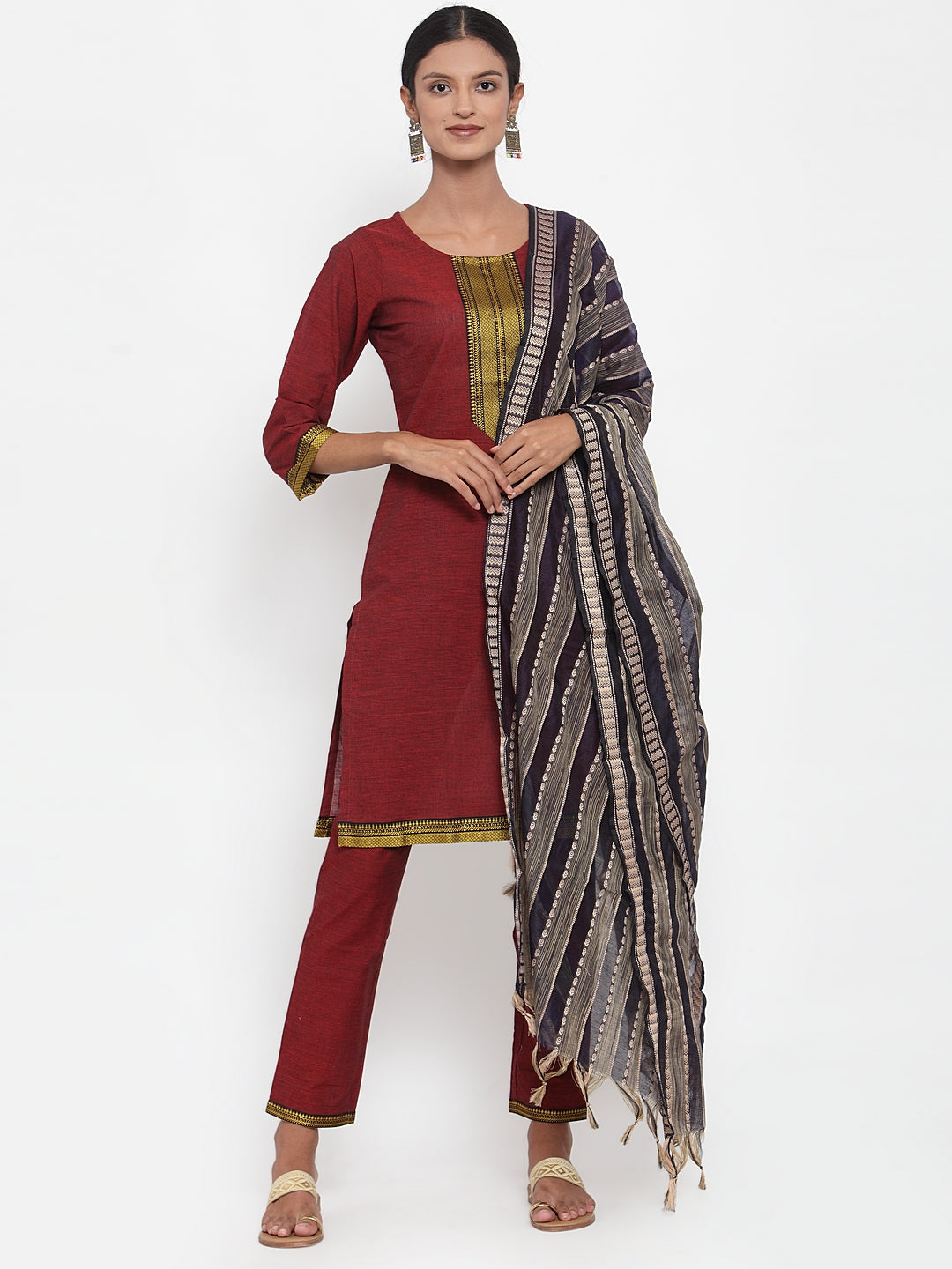 Jompers Women Maroon Solid Kurta with Trousers & Dupatta