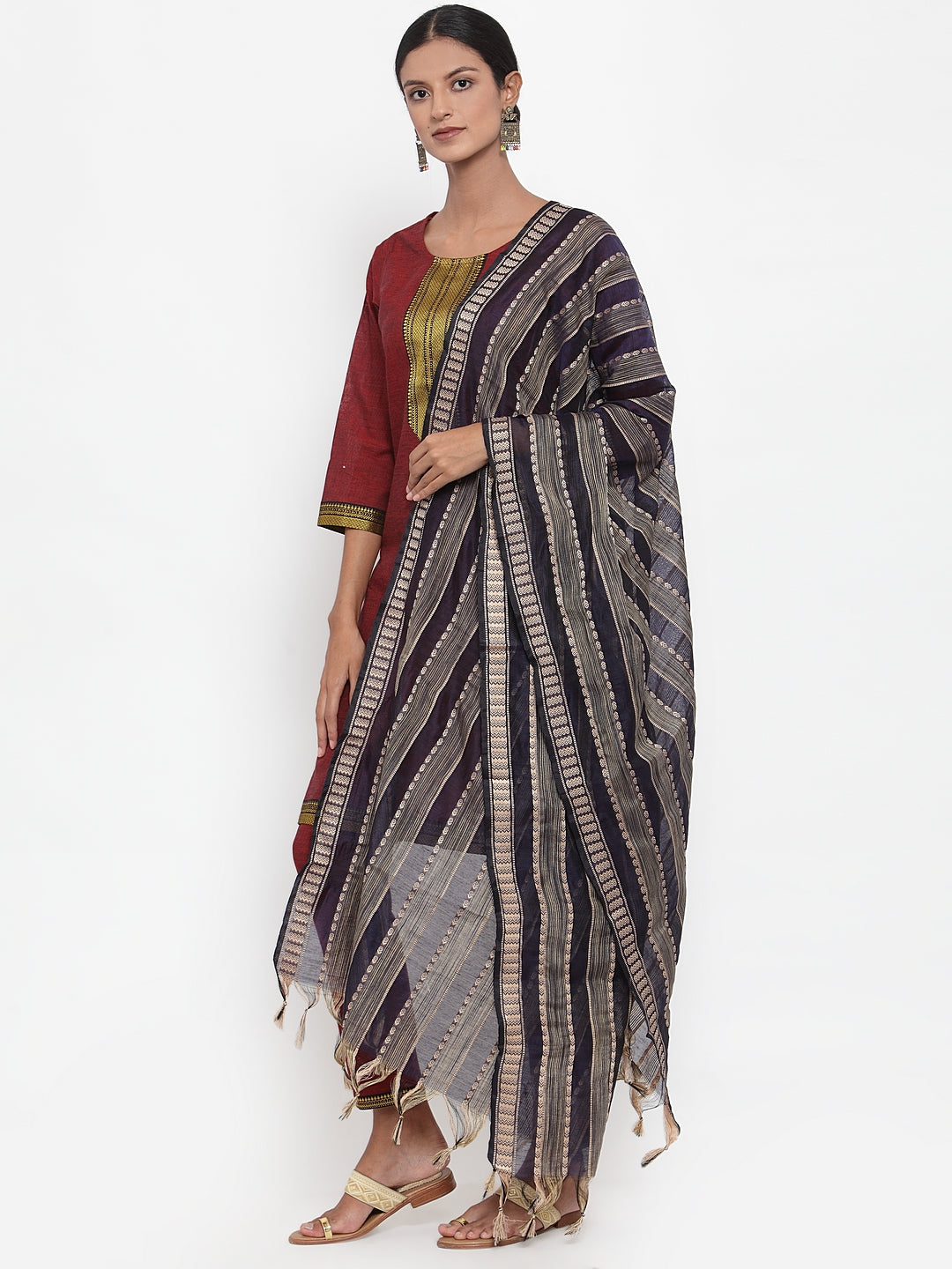 Jompers Women Maroon Solid Kurta with Trousers & Dupatta