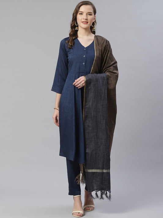 Jompers Women Navy Blue & Charcoal Grey Self Design Kurta with Trousers & Dupatta