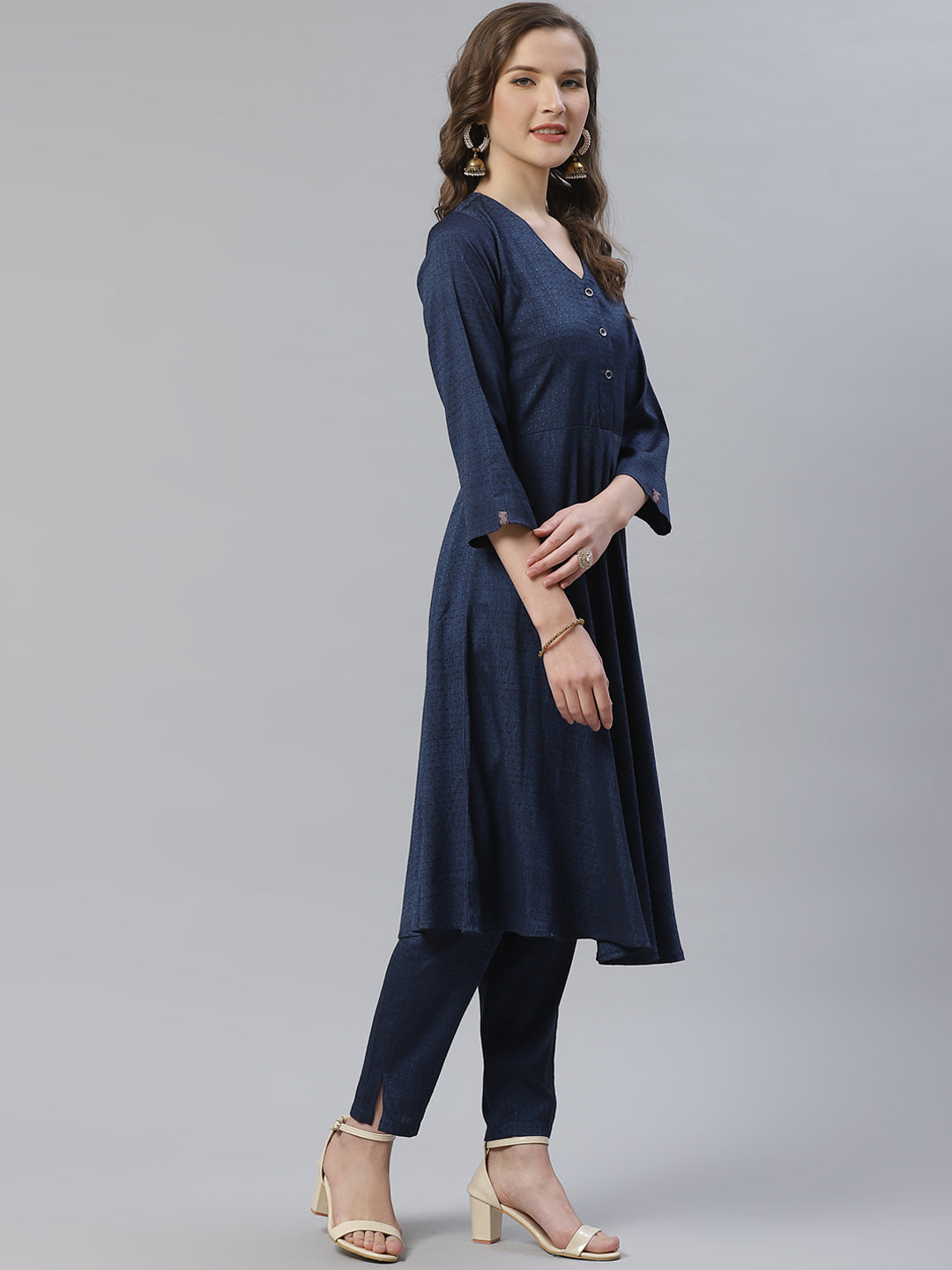 Jompers Women Navy Blue & Charcoal Grey Self Design Kurta with Trousers & Dupatta