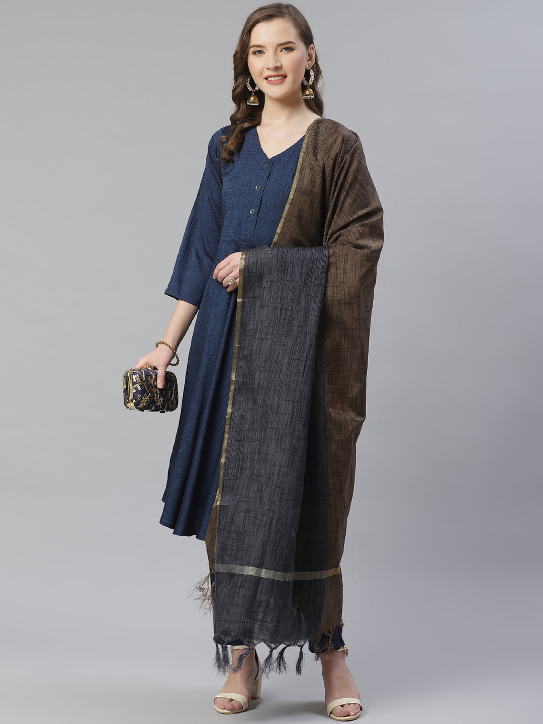 Jompers Women Navy Blue & Charcoal Grey Self Design Kurta with Trousers & Dupatta