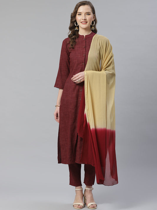 Jompers Women Burgundy & Beige Self Checked Kurta with Trousers & Dupatta