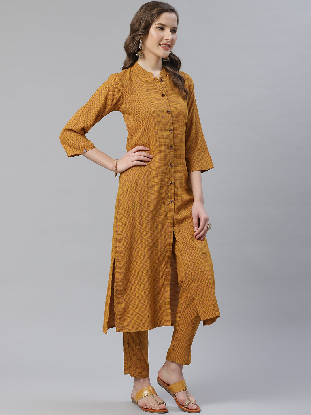 Jompers Women Mustard & Beige Self Checked Kurta with Trousers & Dupatta