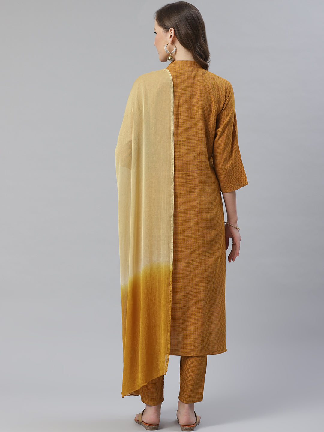 Jompers Women Mustard & Beige Self Checked Kurta with Trousers & Dupatta