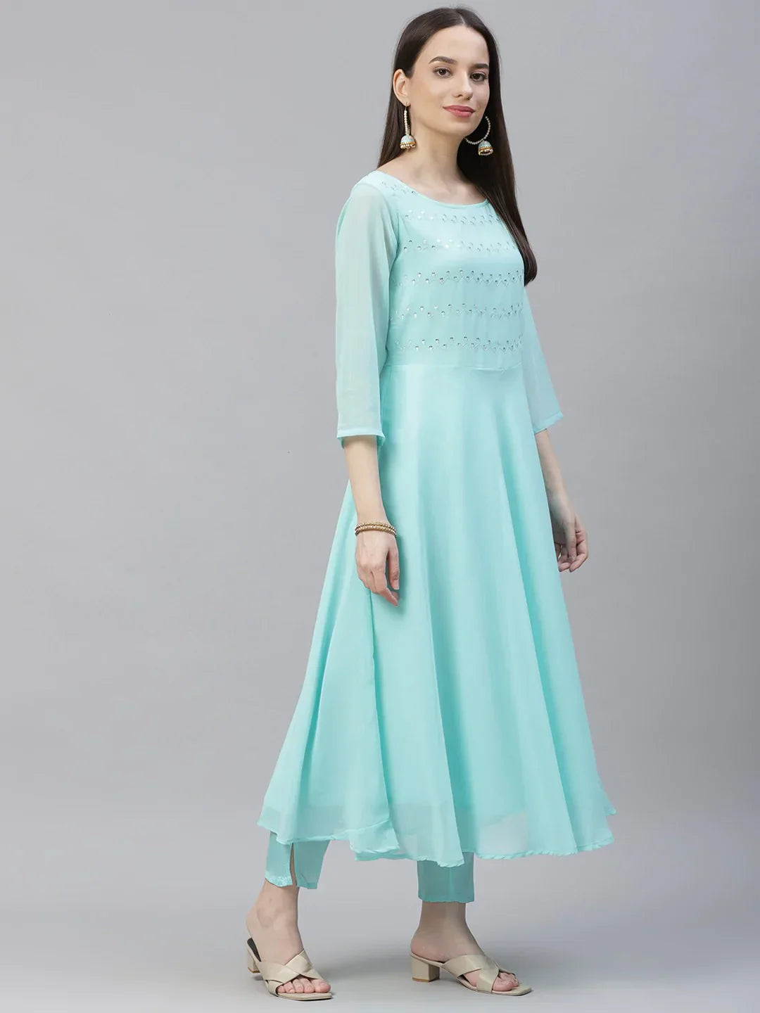 Jompers Women's Turquoise Blue Embroidered Regular Sequinned Kurta with Trousers & Dupatta