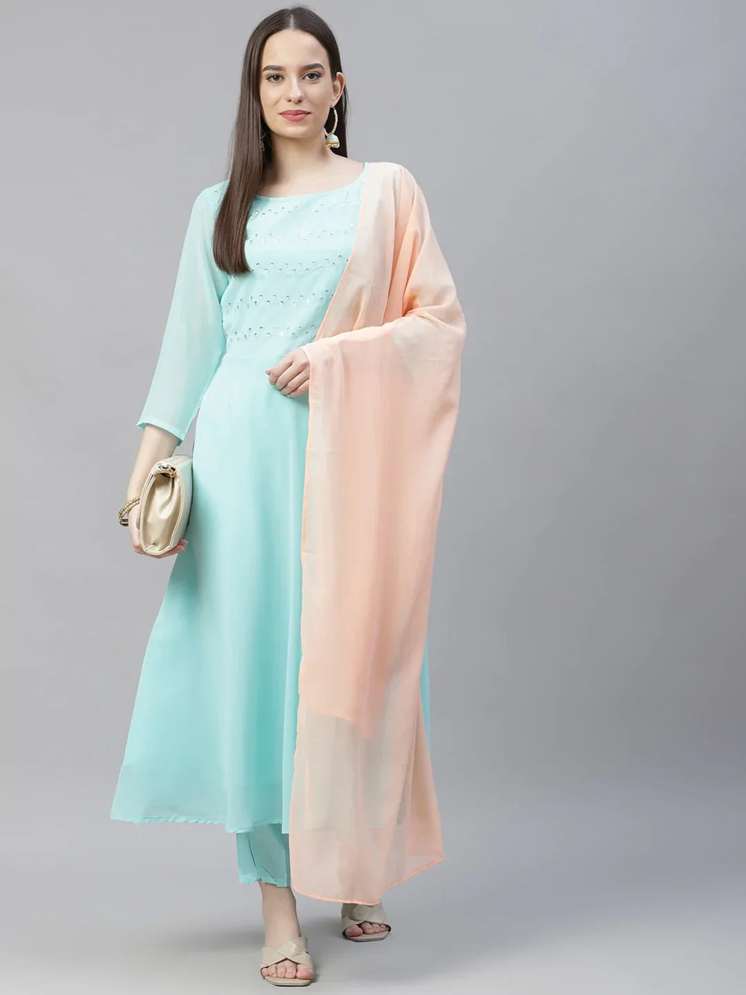 Jompers Women's Turquoise Blue Embroidered Regular Sequinned Kurta with Trousers & Dupatta