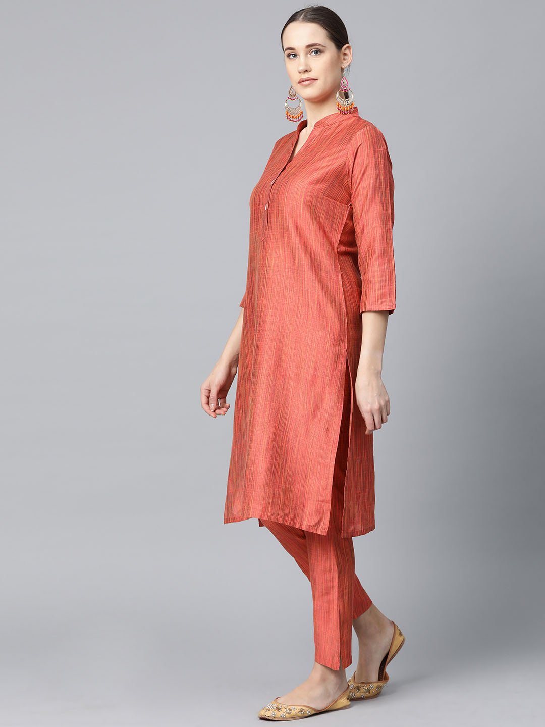 Jompers Women Rust Orange & Beige Self-Striped Kurta with Trousers & Dupatta