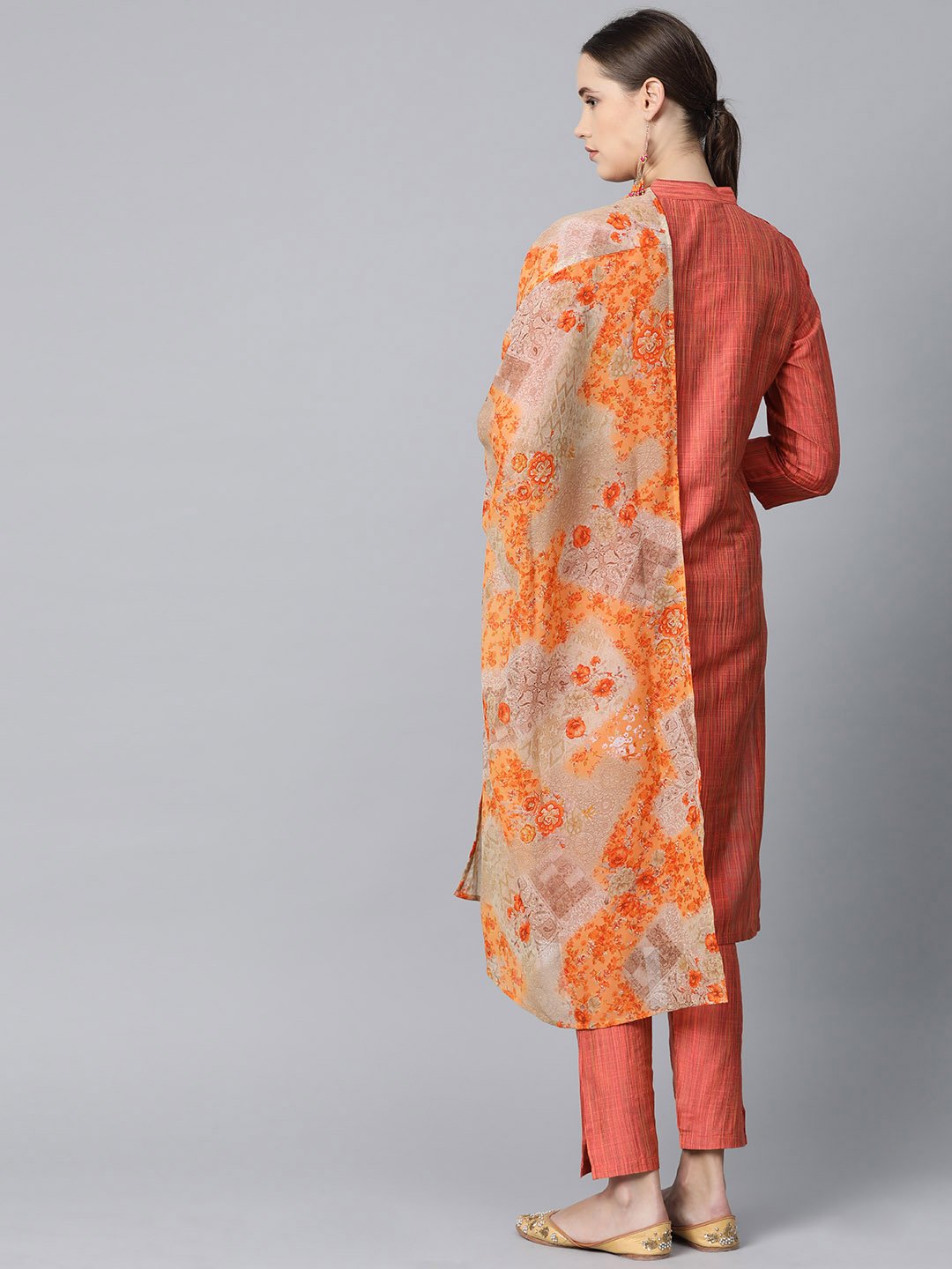 Jompers Women Rust Orange & Beige Self-Striped Kurta with Trousers & Dupatta