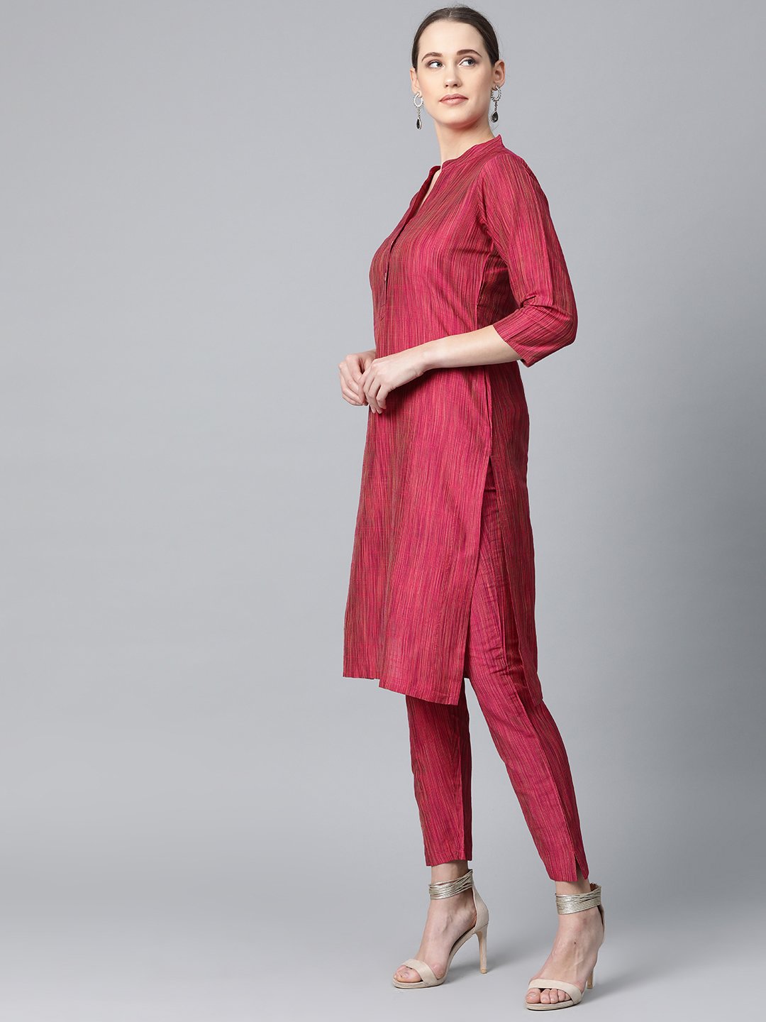 Jompers Women Pink & Beige Self-Striped Kurta with Trousers & Dupatta