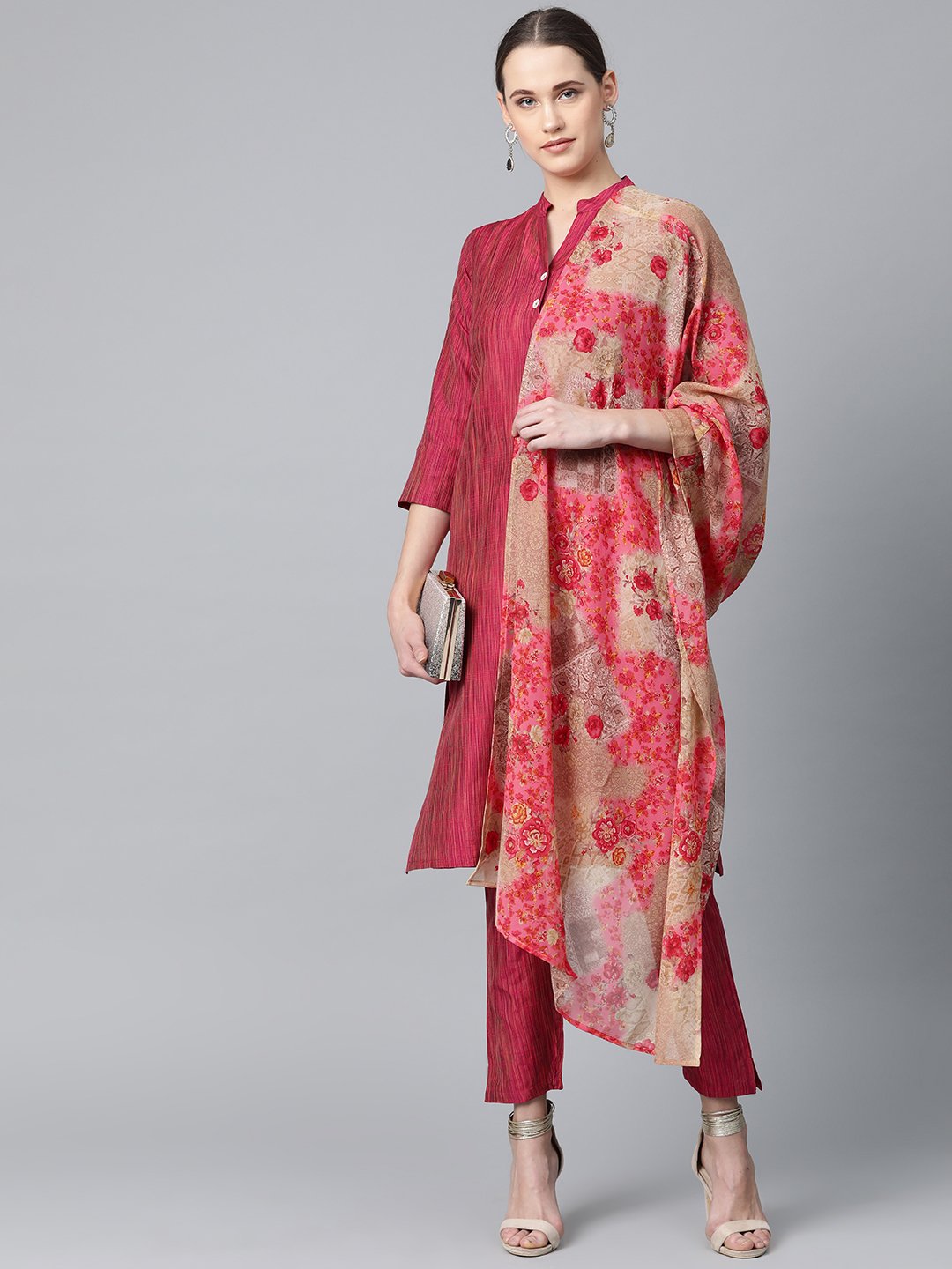 Jompers Women Pink & Beige Self-Striped Kurta with Trousers & Dupatta