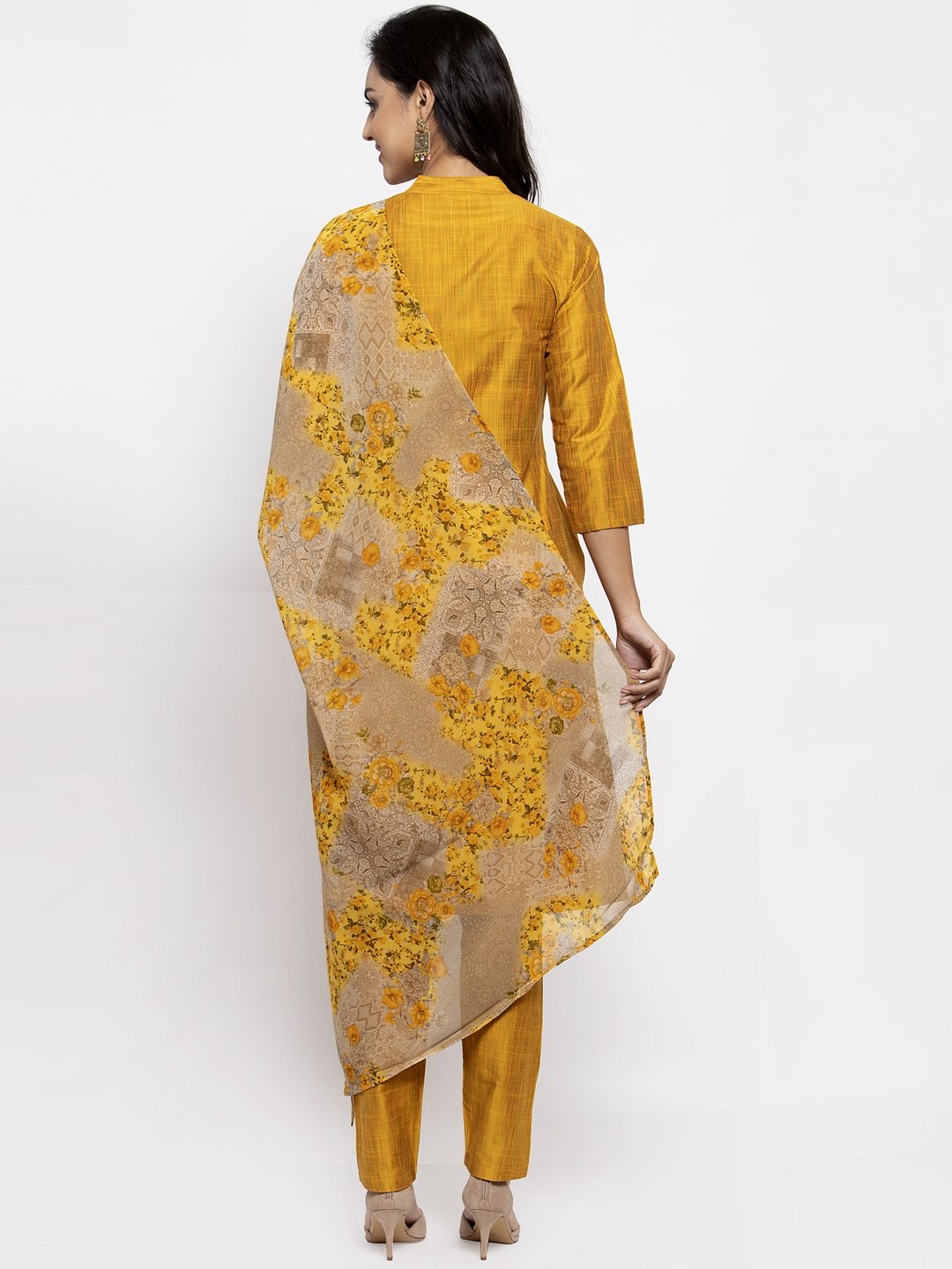 Jompers Women Yellow Self-Striped Kurta with Trousers & Floral Gorgette Dupatta