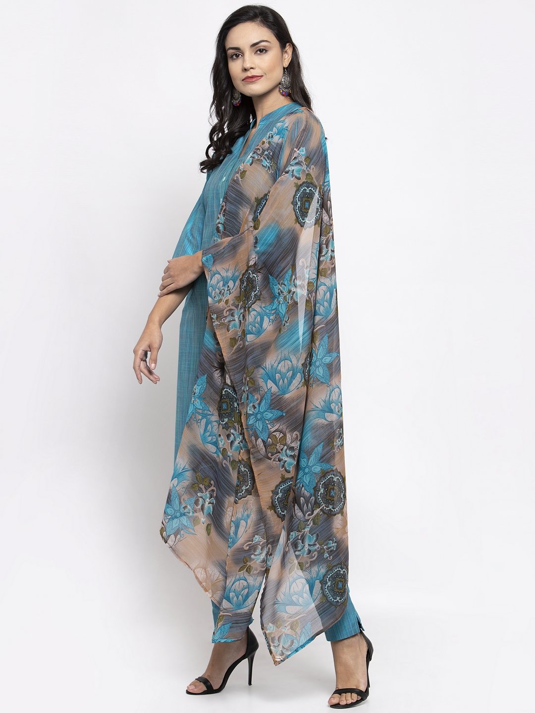 Jompers Women Blue & Green Self-Striped Kurta with Trousers & Printed Georgette Dupatta