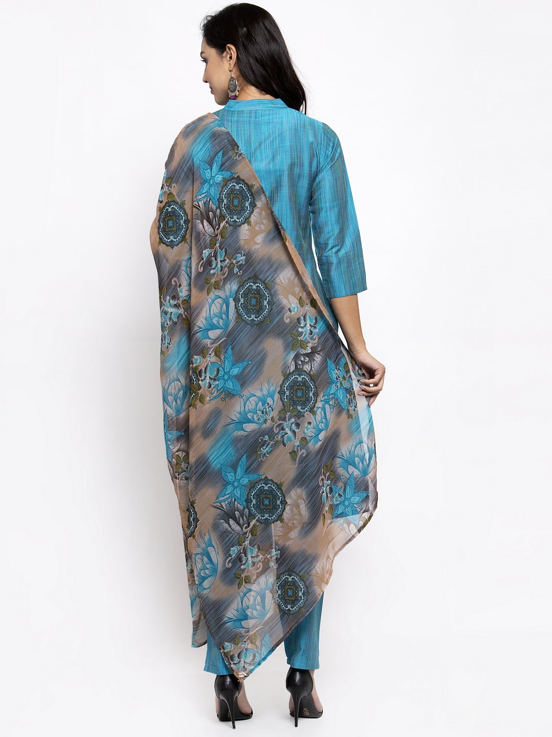 Jompers Women Blue & Green Self-Striped Kurta with Trousers & Printed Georgette Dupatta