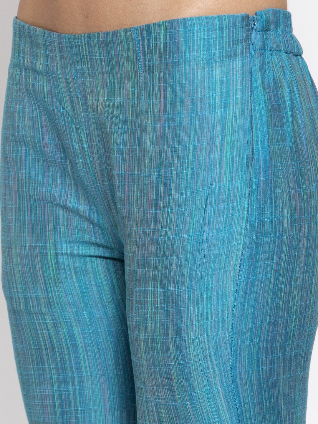 Jompers Women Blue & Green Self-Striped Kurta with Trousers & Printed Georgette Dupatta