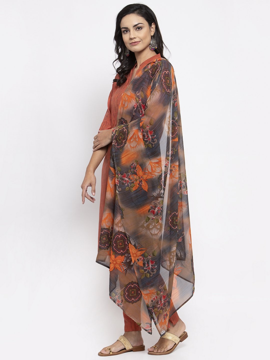 Jompers Women Orange Self-Striped Kurta with Trousers & Georgette Dupatta