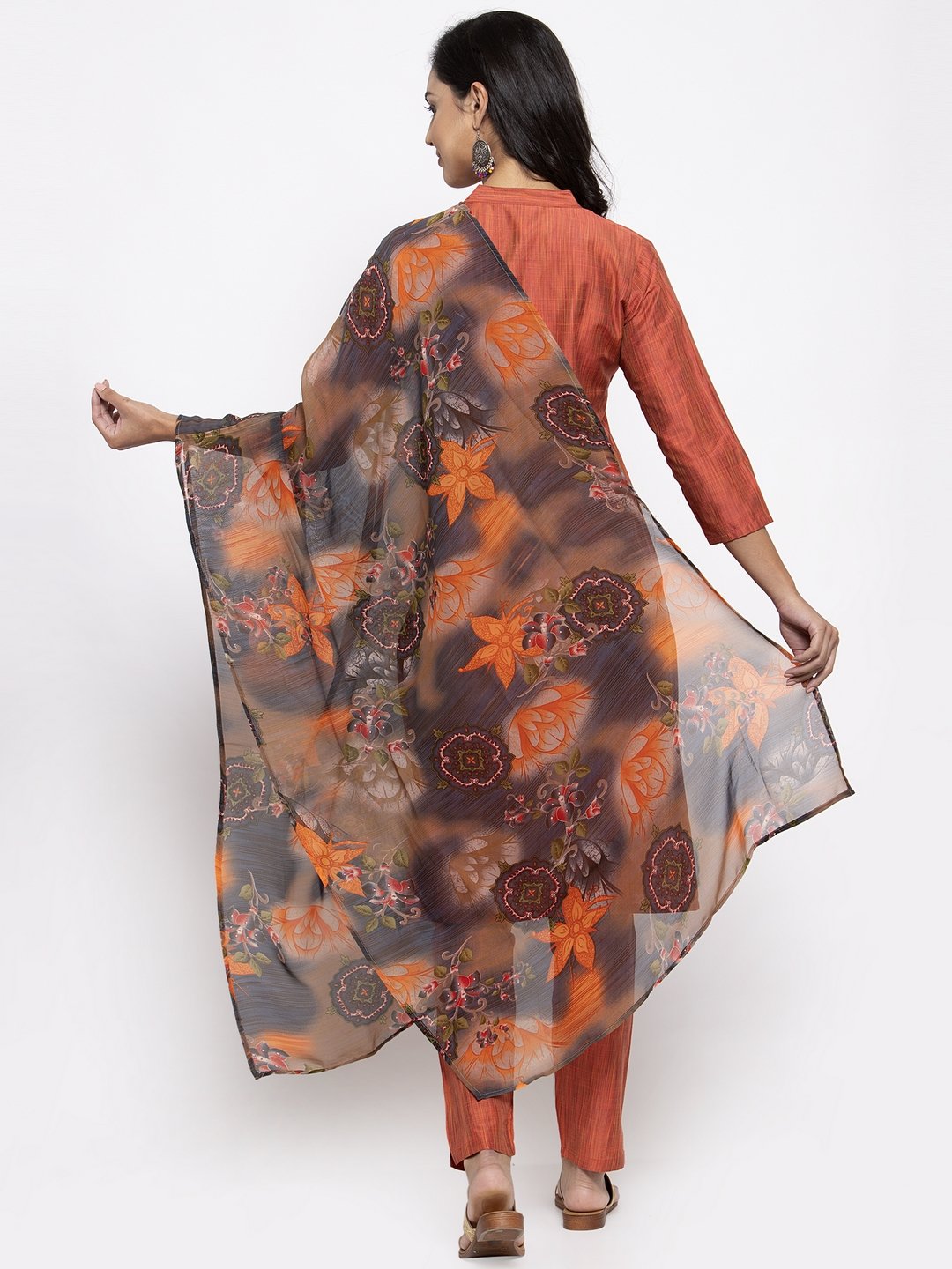 Jompers Women Orange Self-Striped Kurta with Trousers & Georgette Dupatta
