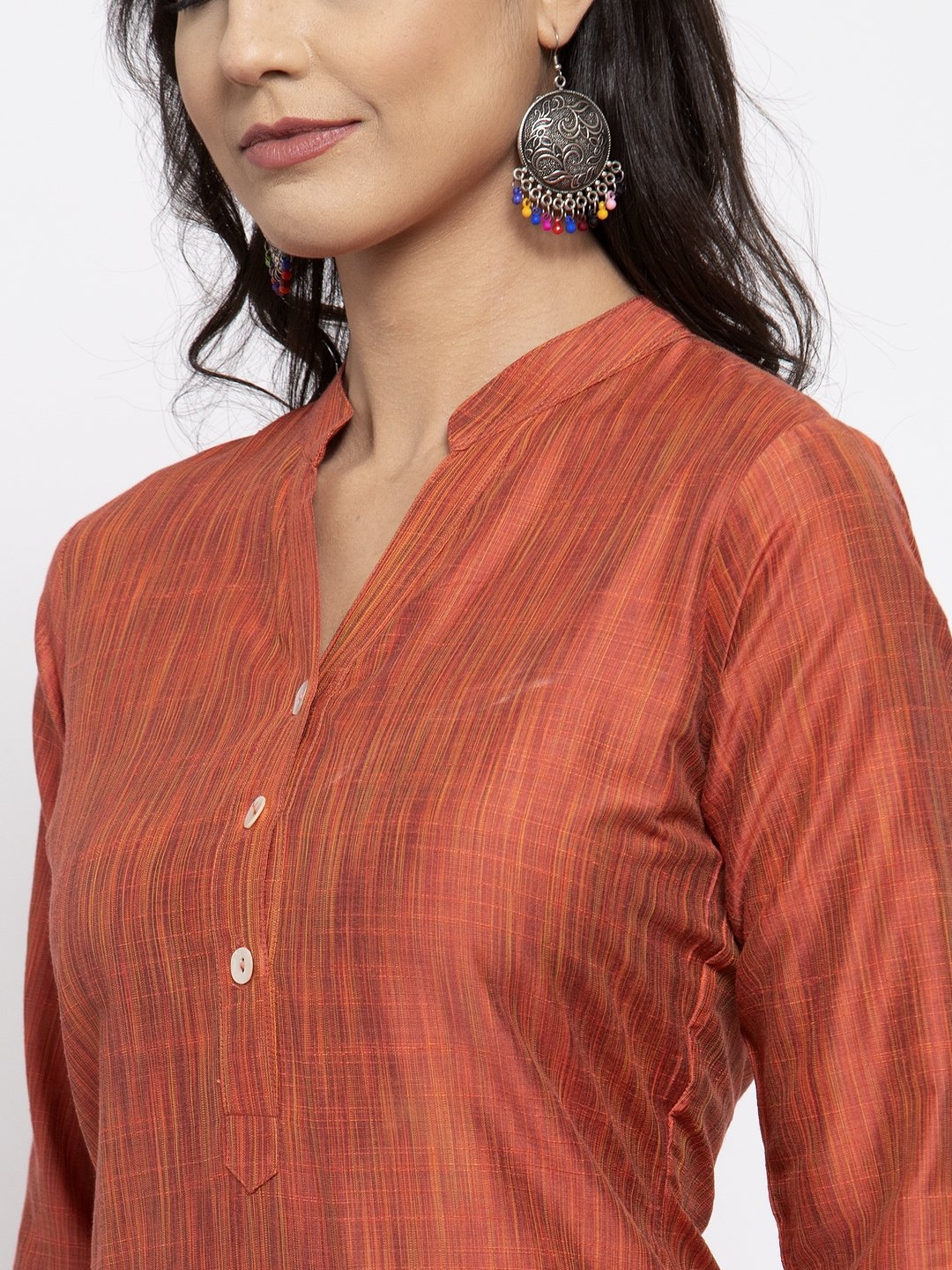 Jompers Women Orange Self-Striped Kurta with Trousers & Georgette Dupatta