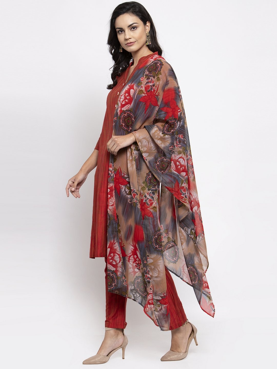 Jompers Women Red Self-Striped Kurta with Trousers & Georgette Dupatta