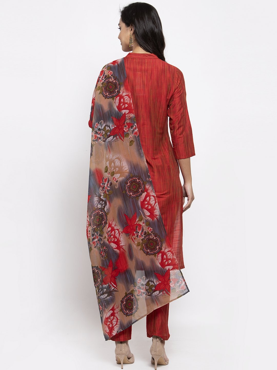 Jompers Women Red Self-Striped Kurta with Trousers & Georgette Dupatta
