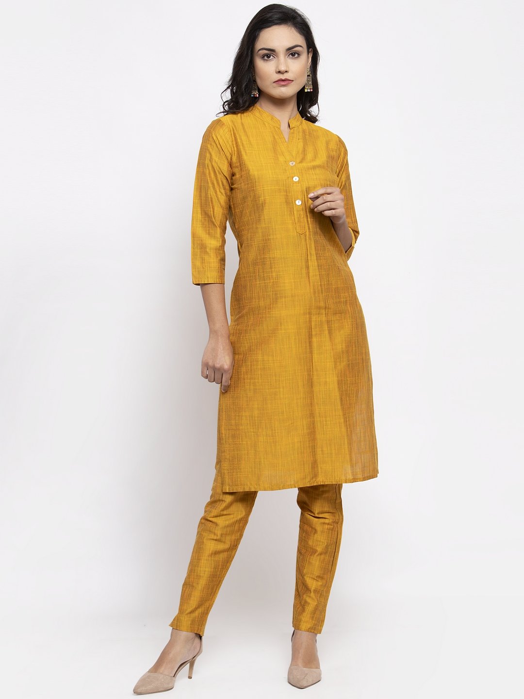 Jompers Women Yellow Self-Striped Kurta with Trousers & Gorgette Dupatta