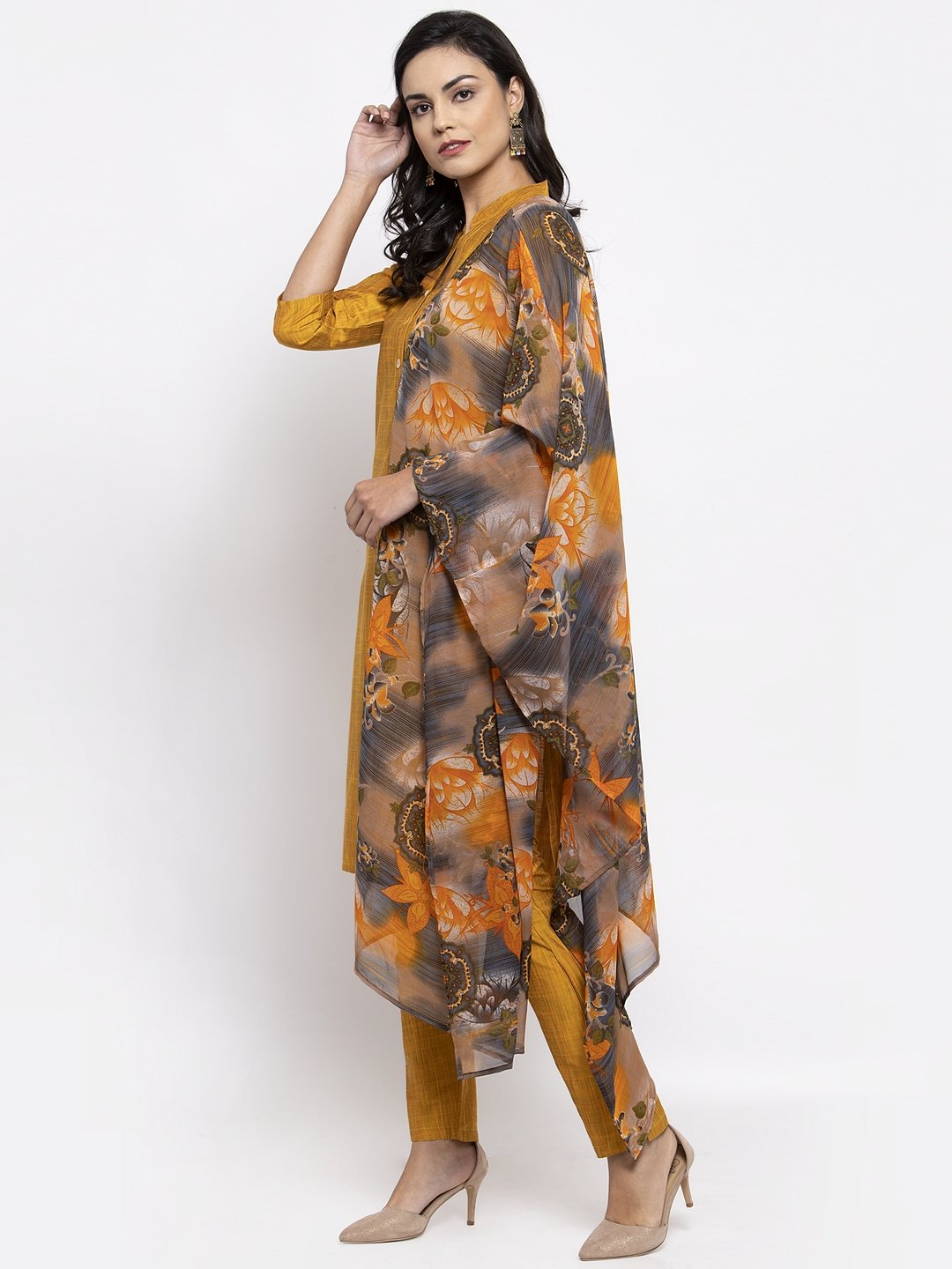 Jompers Women Yellow Self-Striped Kurta with Trousers & Gorgette Dupatta