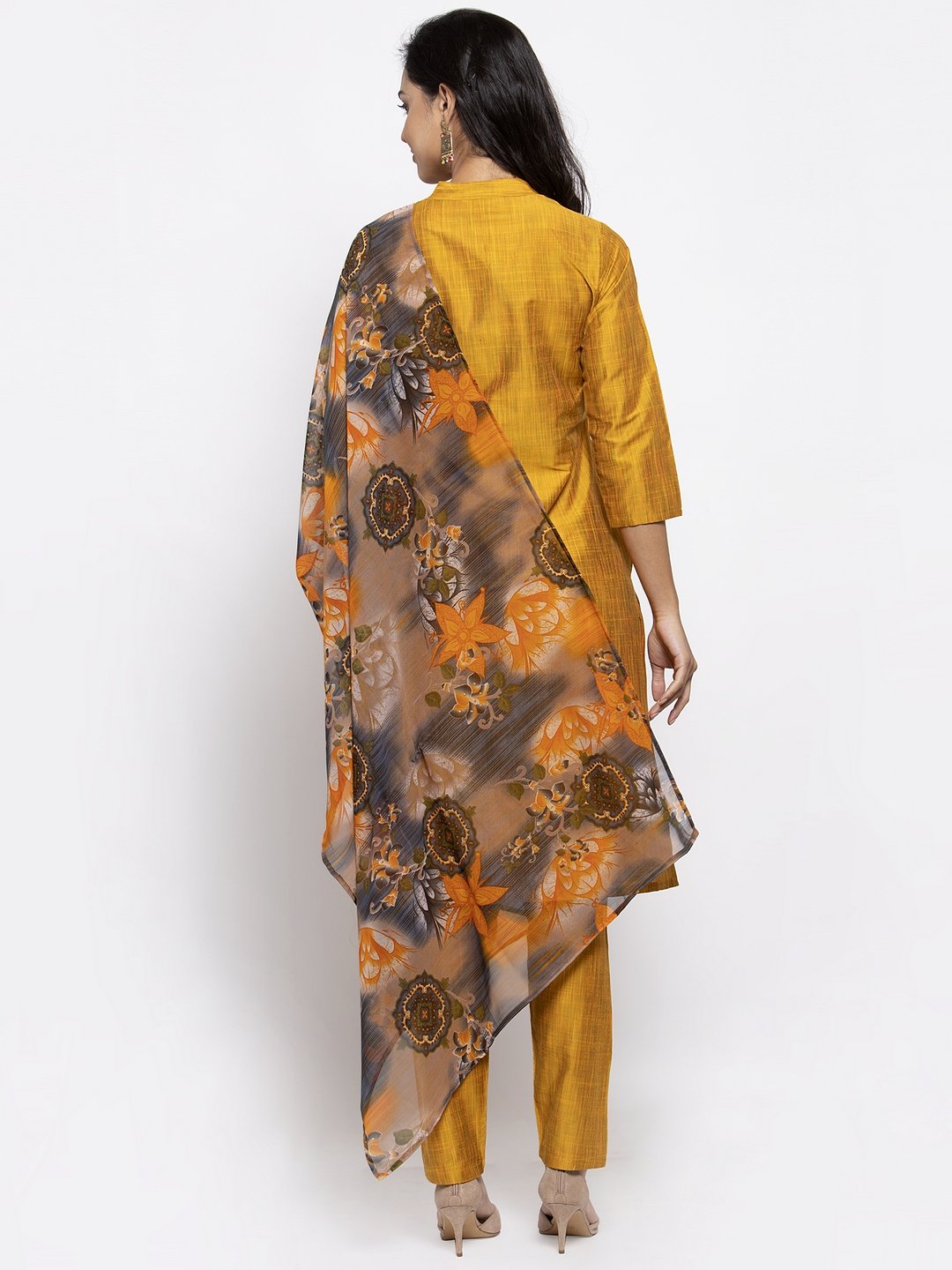 Jompers Women Yellow Self-Striped Kurta with Trousers & Gorgette Dupatta