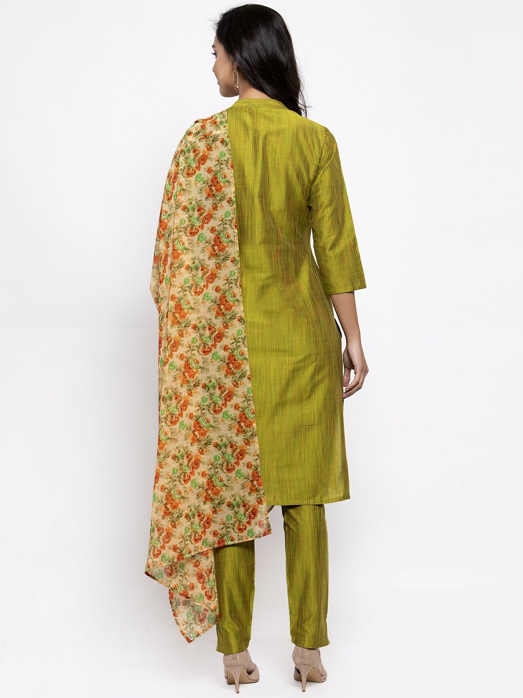 Jompers Women Green Self-Striped Kurta with Trousers & Floral Georgette Dupatta