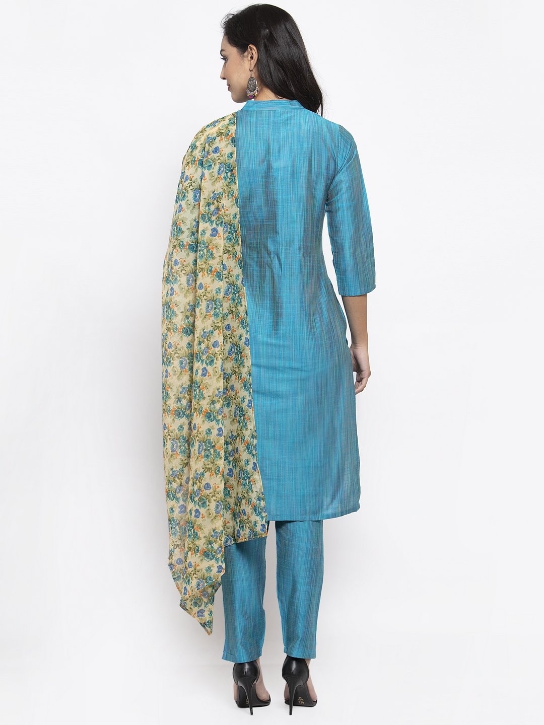 Jompers Women Blue & Green Self-Striped Kurta with Trousers & Floral Georgette Dupatta
