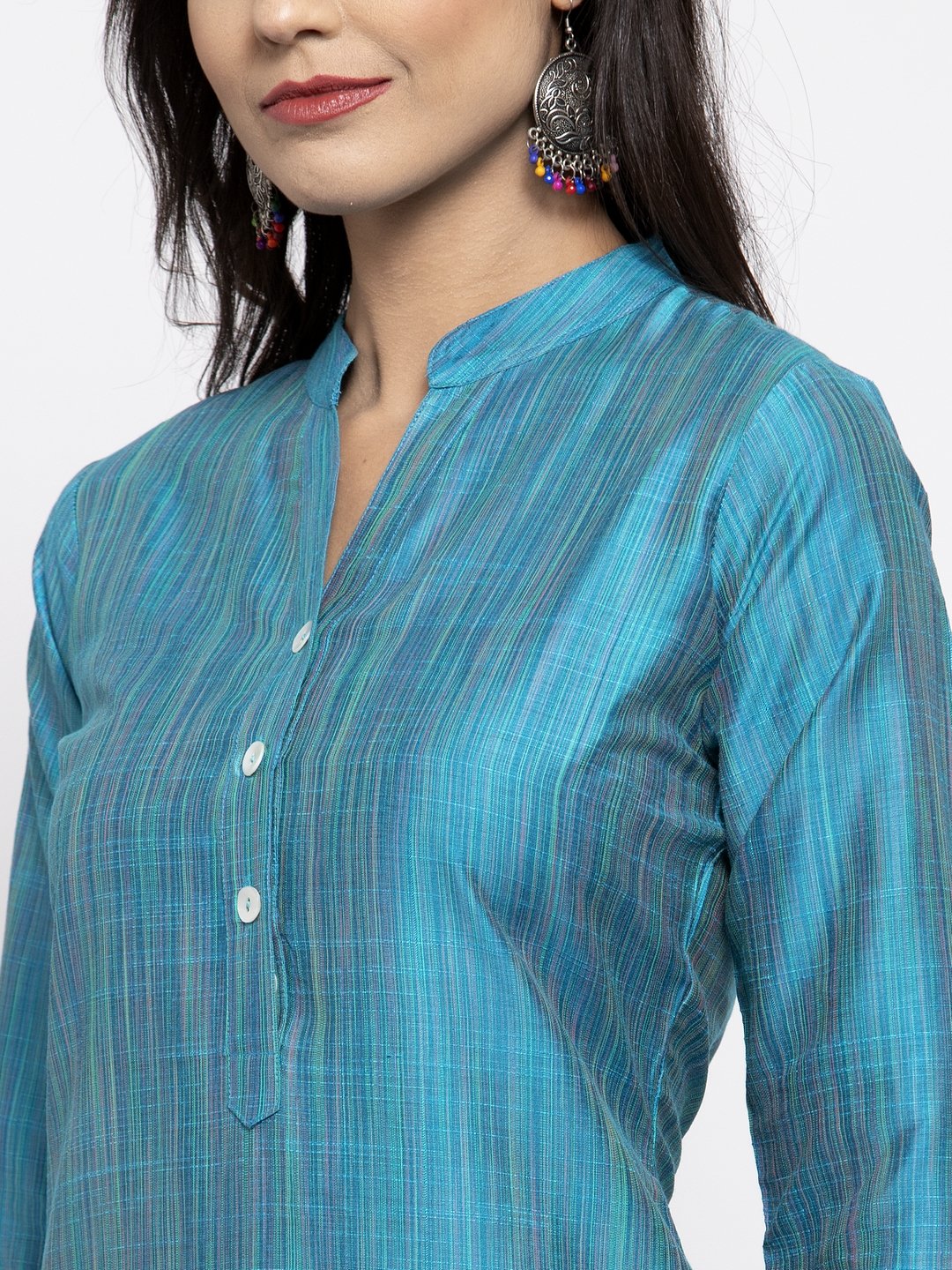 Jompers Women Blue & Green Self-Striped Kurta with Trousers & Floral Georgette Dupatta