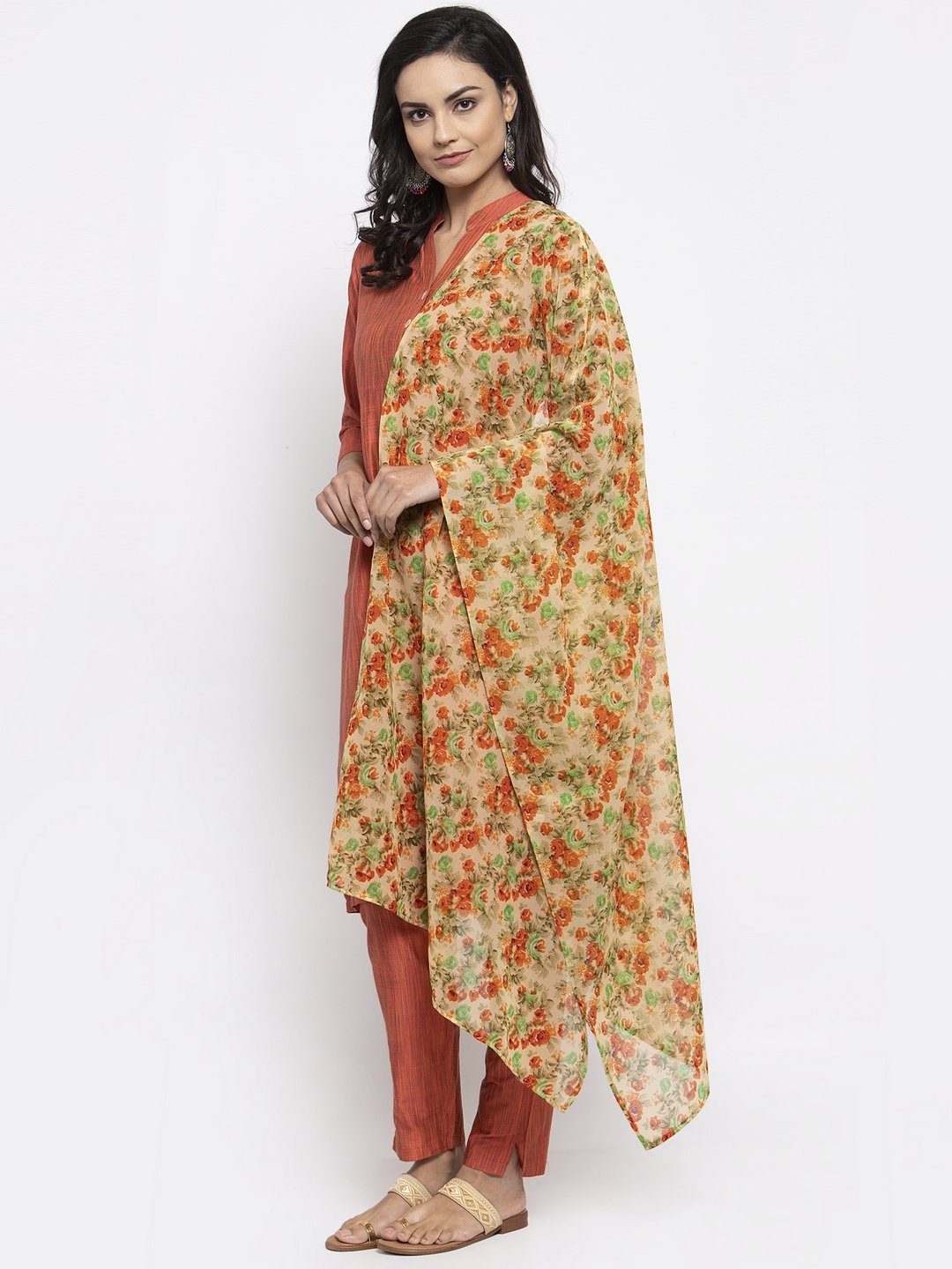 Jompers Women Orange Self-Striped Kurta with Trousers & Floal Georgette Dupatta