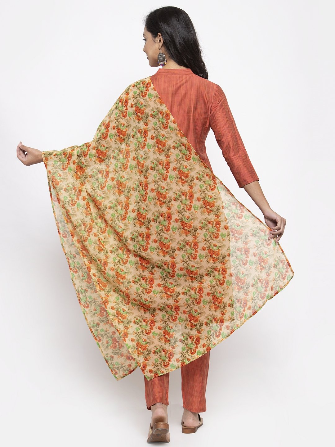 Jompers Women Orange Self-Striped Kurta with Trousers & Floal Georgette Dupatta