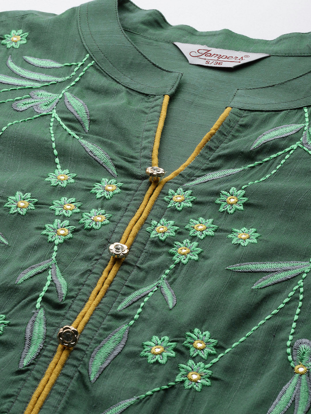 Jompers Women's Floral Embroidered Kurta with Trousers & With Dupatta - Green