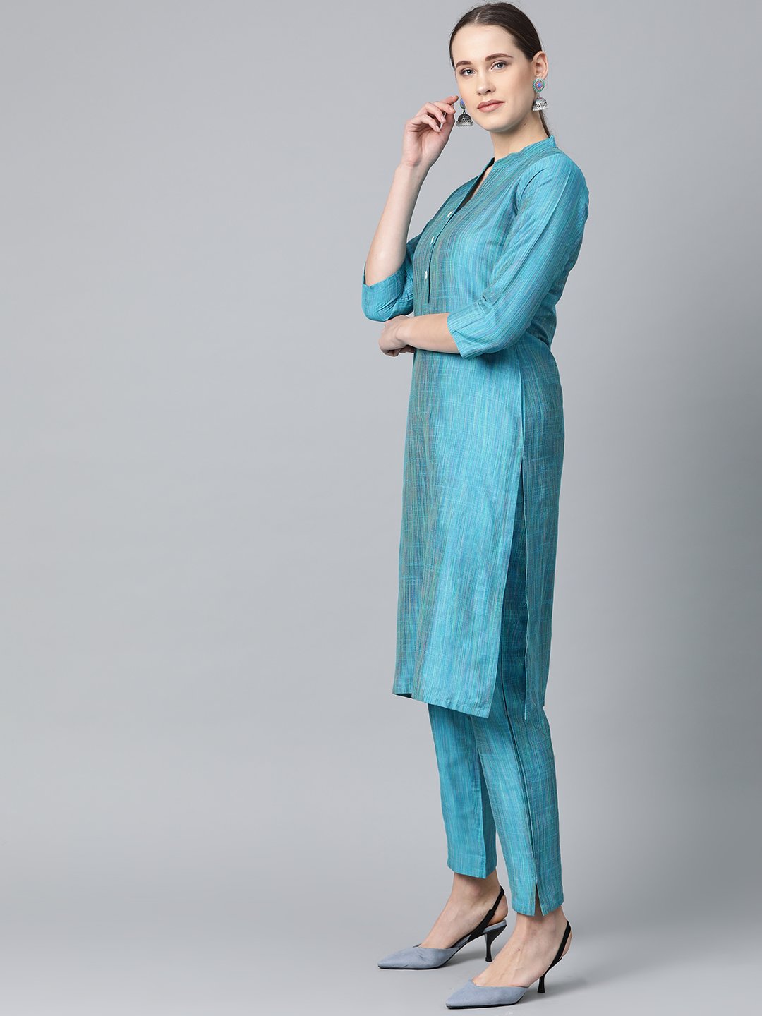Jompers Women Blue & Green Self-Striped Kurta with Trousers & Dupatta