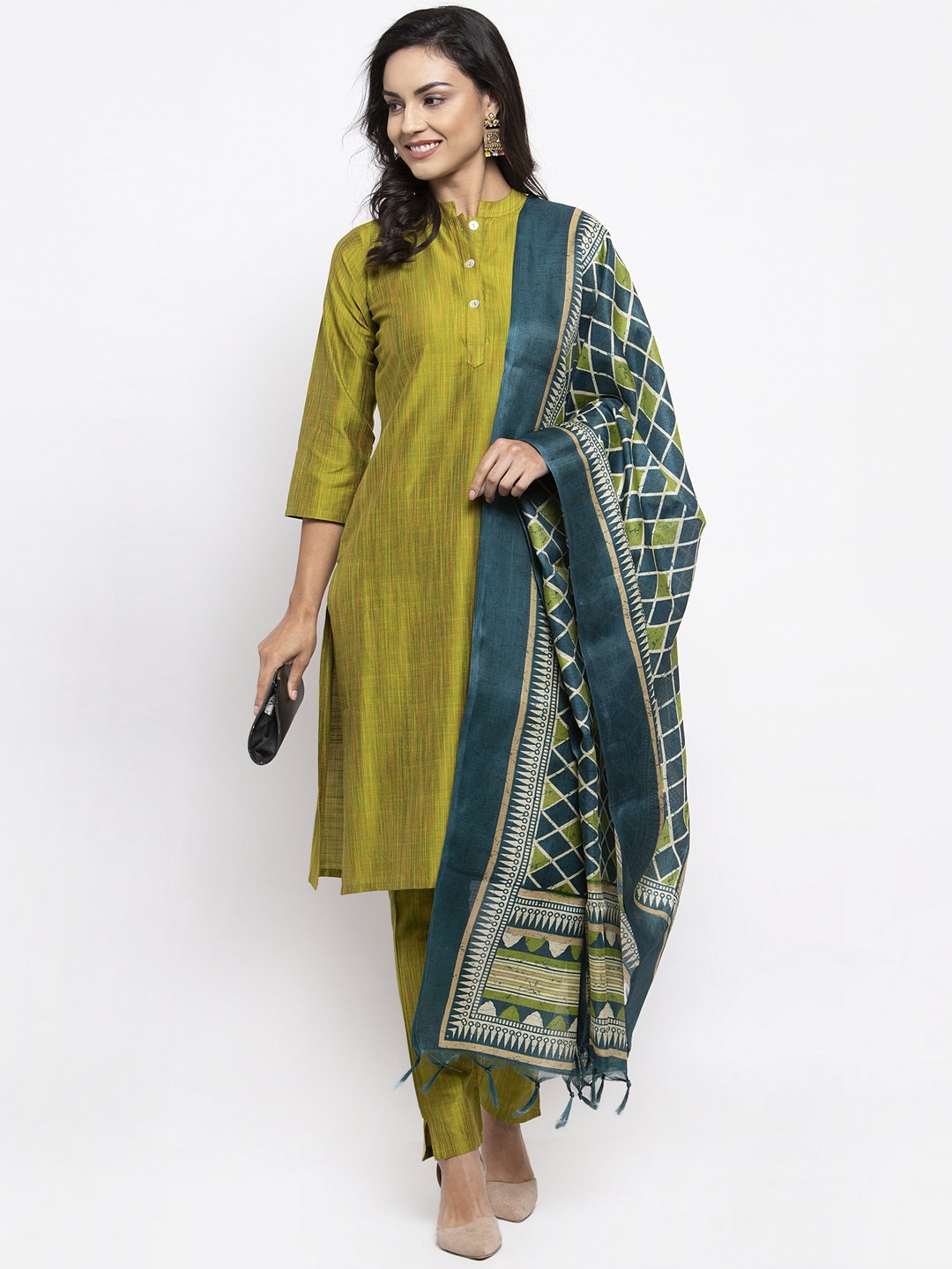 Jompers Women Green Self-Striped Kurta with Trousers And Art Silk Dupatta