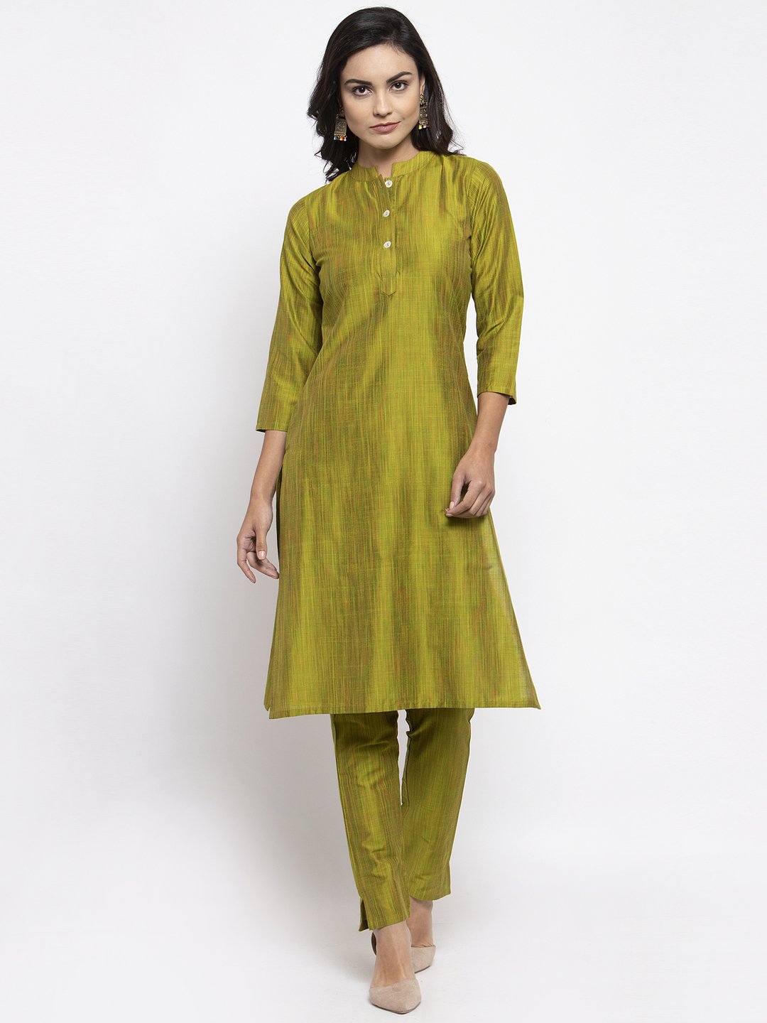 Jompers Women Green Self-Striped Kurta with Trousers And Art Silk Dupatta
