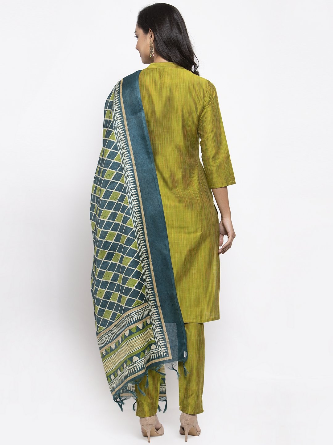Jompers Women Green Self-Striped Kurta with Trousers And Art Silk Dupatta