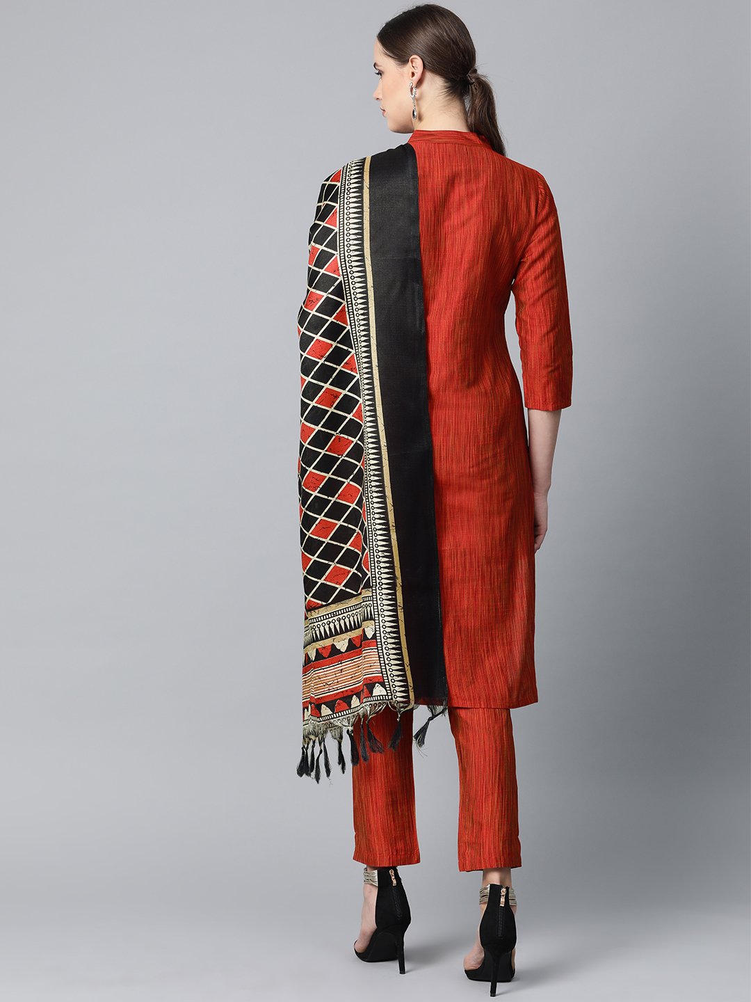 Jompers Women Red & Black Self-Striped Kurta with Trousers & Dupatta
