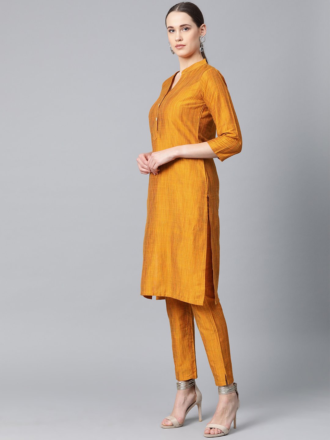 Jompers Women Mustard & Red Self-Striped Kurta with Trousers & Dupatta