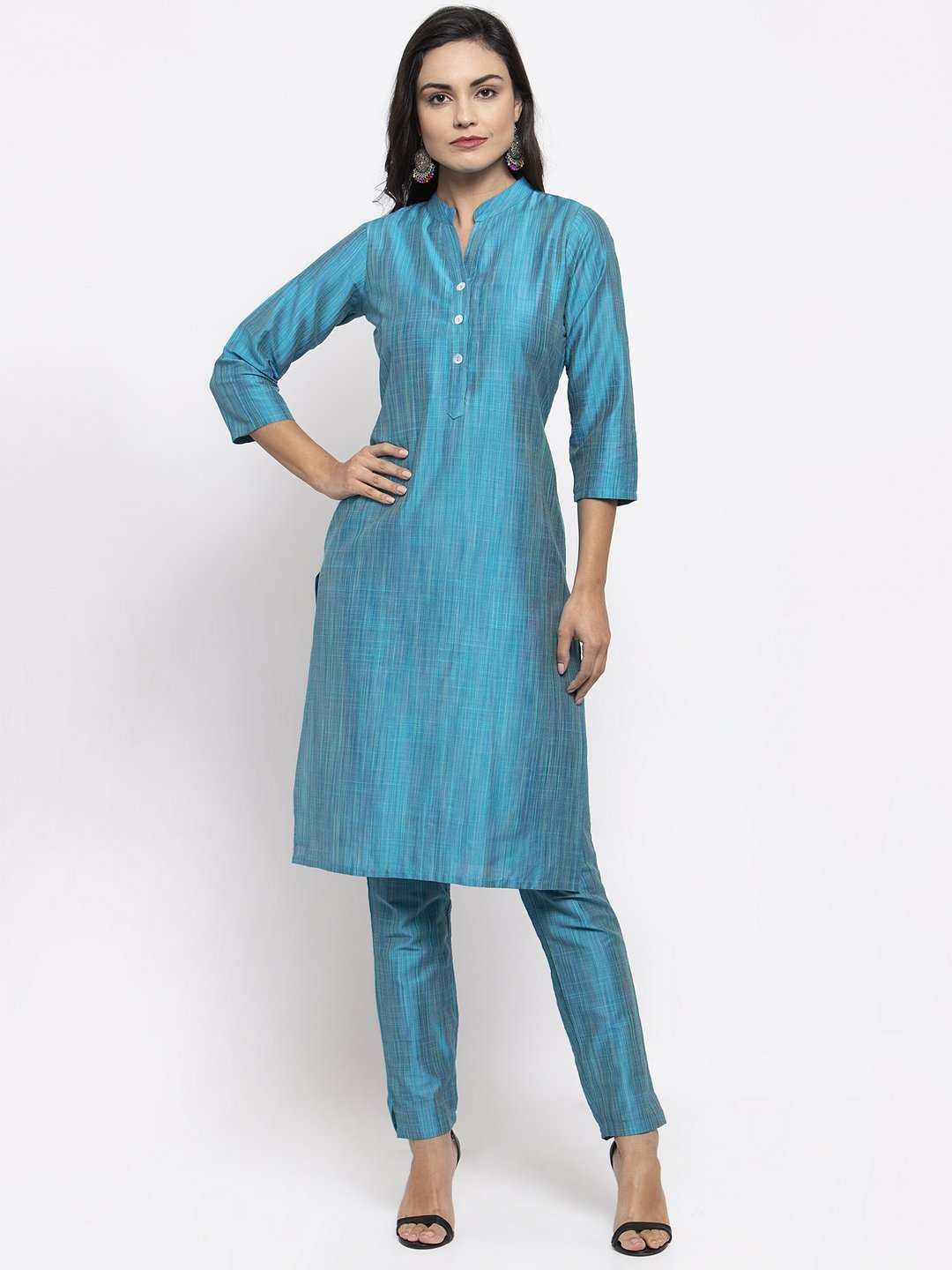 Jompers Women Blue & Green Self-Striped Kurta with Trousers And Printed Dupatta